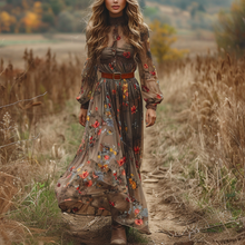 Load image into Gallery viewer, Women's Retro V-neck Floral Pastoral Style Long-sleeve Maxi Long Dress