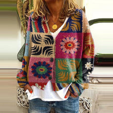 Load image into Gallery viewer, Vintage Printed V-Neck Long Sleeved Knitted Cardigan