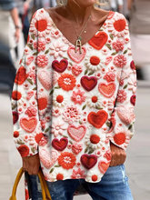 Load image into Gallery viewer, Valentine's Day Heart Embroidered Print V-Neck Long Sleeved Loose T-Shirt