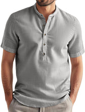 Load image into Gallery viewer, Men's summer cotton and linen stand collar solid color short-sleeved shirt