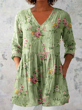 Load image into Gallery viewer, Women's Elegant Floral Pattern Round Neck Cotton and Linen Top