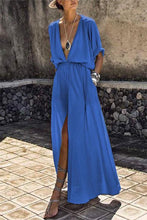 Load image into Gallery viewer, Deep V-neck Solid Color Mid-sleeve Large Swing Skirt Split Long Dress