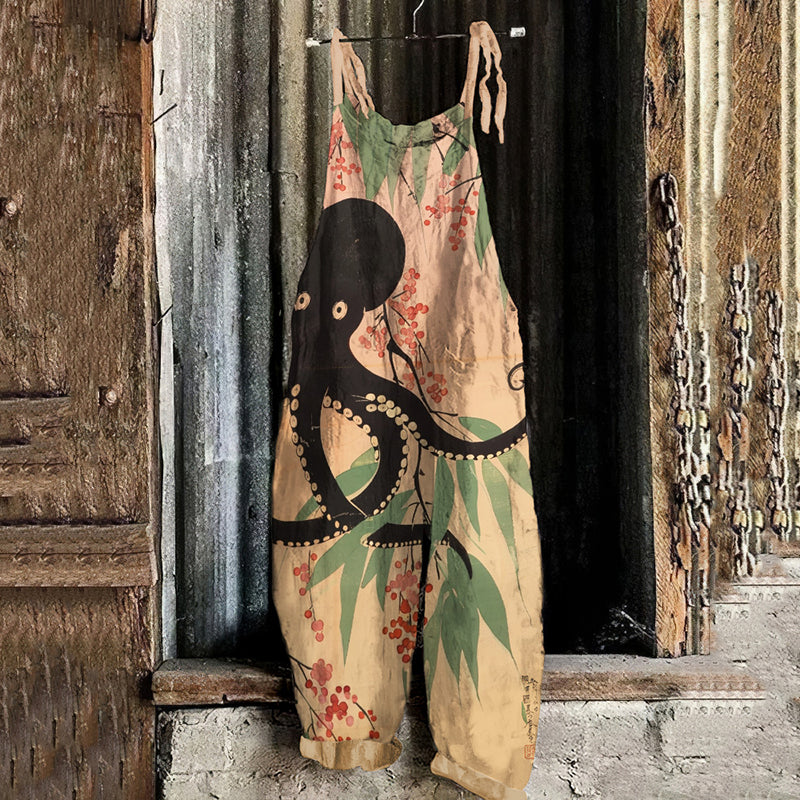 Vintage Japanese Art Octopus Blossom Print Loose Jumpsuit