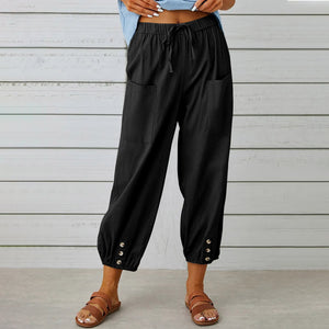 High Waisted Button Cotton Linen Wide Leg Cropped Pants