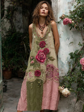 Load image into Gallery viewer, Women's Vintage Rose Art Print Linen Maxi Dress
