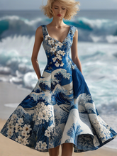 Load image into Gallery viewer, Women's Cherry Blossoms Embroidery And Huge Waves Patchwork Art Linen Dress