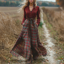 Load image into Gallery viewer, Women's Retro V-neck Plaid Long-sleeve Bohemian Pastoral Style Maxi Long Dress