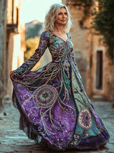 Load image into Gallery viewer, Vintage Star And Sun Embroidery Cotton Linen V Neck Mixi Dress