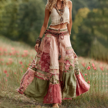 Load image into Gallery viewer, Vintage Boho Rose Floral Patchwork Art Flowy Casual Linen Skirt