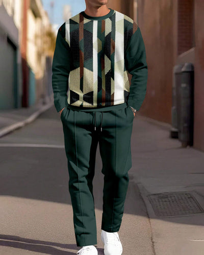 Men's Simple Colorblock Round Neck Casual Sports Set 0151