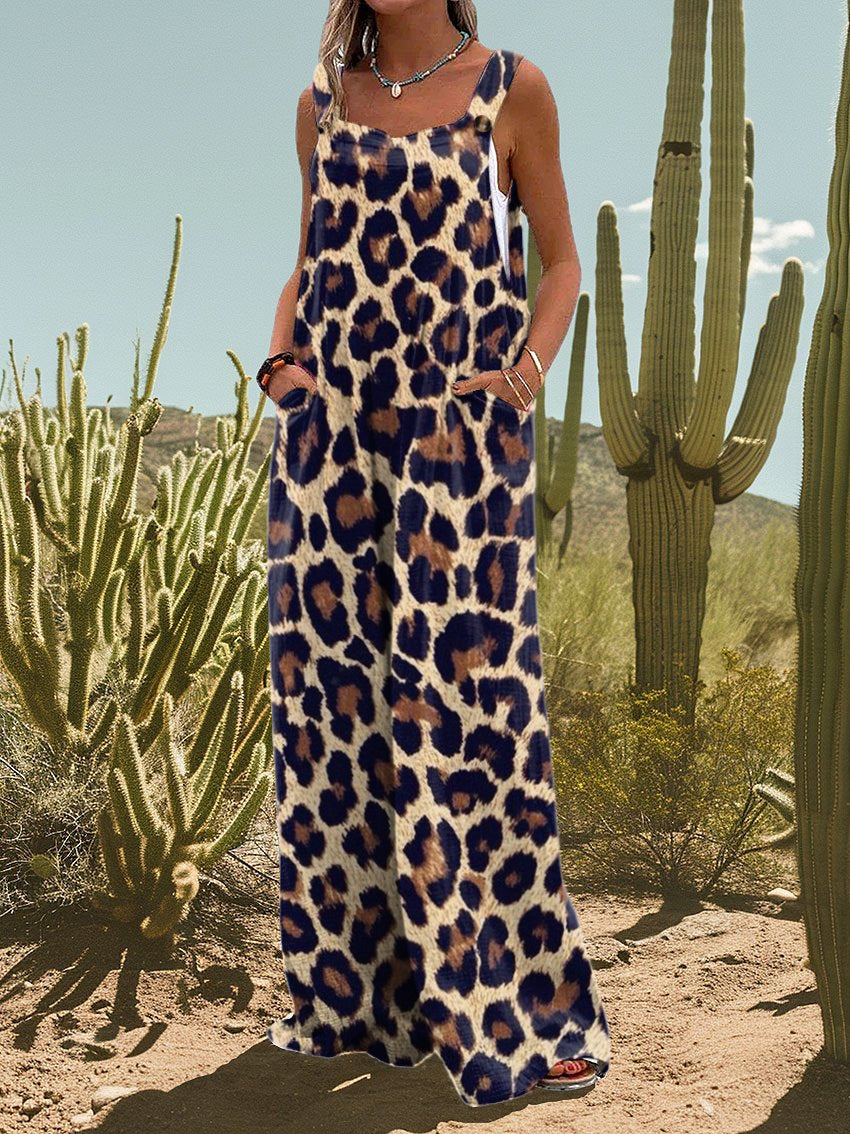 Women's Leopard Print Vintage Wide Leg Jumpsuit