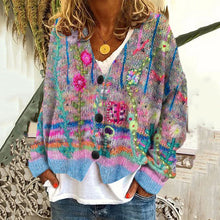 Load image into Gallery viewer, Vintage Floral Print V-Neck Long Sleeved Knitted Cardigan