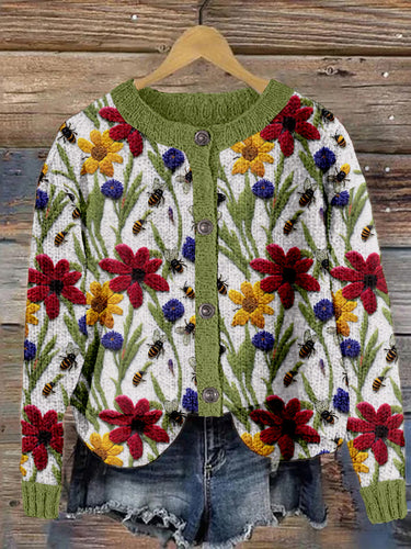 Wildflowers and Bees Embroidery Art Cozy Knit Cardigan