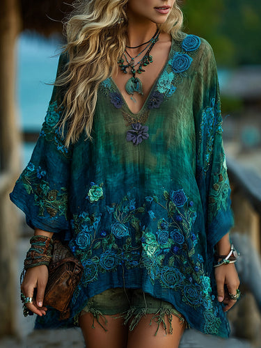 Vintage Classy Gradient Blue Rose And Floral Embroidered Pattern V Neck Long Sleeve Shirt