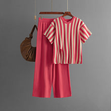 Load image into Gallery viewer, Casual Vertical Stripe Slit Top &amp; High Waist Solid Color Pants Two-Piece Set