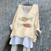 Load image into Gallery viewer, Women's Japanese Style Stitched Fish Art Pattern Vintage Linen Shirt