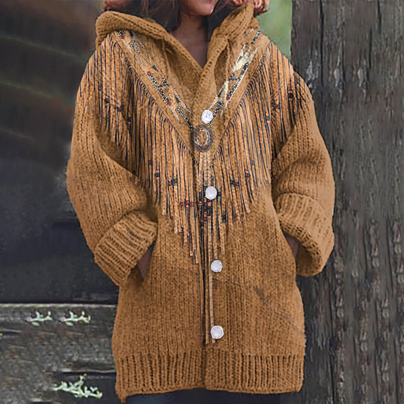 Western Tribal Tassels Art Cozy Hooded Long Cardigan