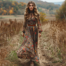 Load image into Gallery viewer, Women's Retro V-neck Floral Pastoral Style Long-sleeve Maxi Long Dress