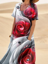 Load image into Gallery viewer, Red Roses Art Printed Women's Linen Pocket Dress