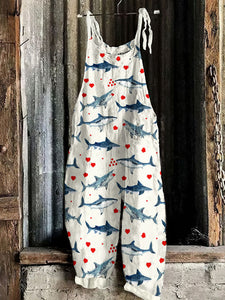 Vintage Love At First Bite Heart Shark Graphic Painting Art Loose Jumpsuit