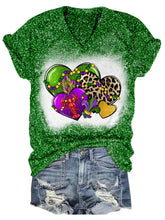 Load image into Gallery viewer, Heart Leopard Mardi Gras Glitter V-Neck T-Shirt