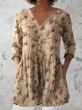 Load image into Gallery viewer, Women's Retro Floral Art Print Casual Cotton And Linen V-neck Top