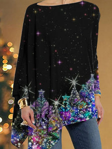 Womens Bling Christmas Printed Asymmetrical Casual Tee