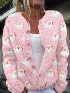 Women's Pink Santa Print Sweater Cardigan