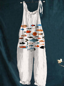 Women's Colorful Cute Little Fish Print Casual 100% Cotton Wide Leg Jumpsuit