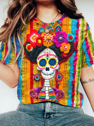 Halloween Rainbow Skull Print Round Neck Short Sleeve T-Shirt