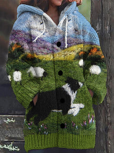 Fun Shepherd Dog With Sheep Vintage Cozy Knit Cardigan