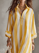 Load image into Gallery viewer, Relaxed Striped Resort Yellow &amp; White Stripe Midi Dress