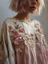 Load image into Gallery viewer, Vintage Cottage Pink Roses Fiber Art Contrast Linen Shirt