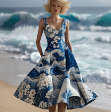 Load image into Gallery viewer, Women's Cherry Blossoms Embroidery And Huge Waves Patchwork Art Linen Dress