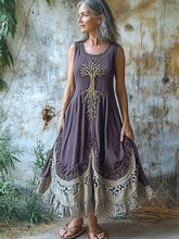 Load image into Gallery viewer, Women's Vintage Tribal Tree Of Life Patchwork Linen Blend Midi Dress