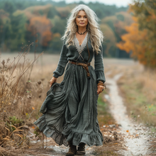 Load image into Gallery viewer, Women's Vintage Pastoral Style V-neck Linen Long-sleeve Maxi Long Dress