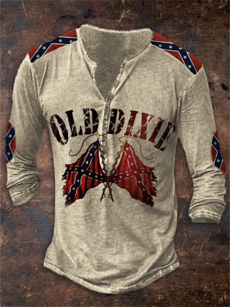 Men's Old Dixie Southern Pride Rebel Flag Patchwork Henley Shirt