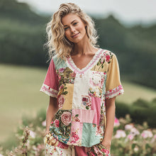 Load image into Gallery viewer, Women's Holiday Embroidered Floral Patchwork T-shirt