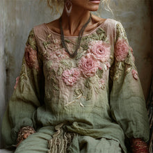 Load image into Gallery viewer, Vintage Pink Roses Forest Gradient Linen Tunic