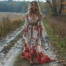 Load image into Gallery viewer, Women's Retro V-neck Pastoral Halloween Party Style Long-sleeve Maxi Long Dress