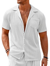 Load image into Gallery viewer, Men's Cuban Collar Pocket Solid Color Vertical Striped Pocket Short-sleeved Shirt