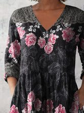 Load image into Gallery viewer, Women's Retro Floral Art Print Casual Cotton And Linen V-neck Top
