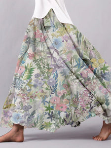 Ladies Oil Painting Floral Design Casual Loose Skirt