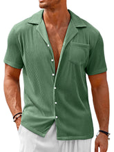 Load image into Gallery viewer, Men's Cuban Collar Pocket Solid Color Vertical Striped Pocket Short-sleeved Shirt