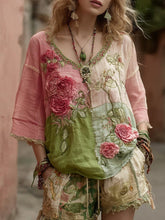 Load image into Gallery viewer, Women's Vintage Floral Embroidery Art V Neck Linen Comfy T-shirt