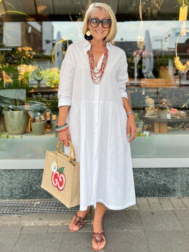 V-neck lapel cotton single-breasted long dress