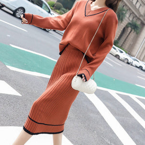 Chic V-neck Long Sleeves Knit Sweater Set