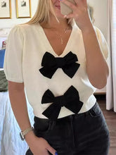 Load image into Gallery viewer, V-Neck Short-Sleeved Double Bow Solid Color Sweater