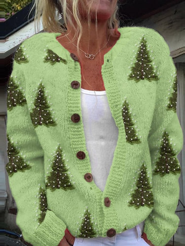 Women's Christmas Tree Print Knit Cardigan