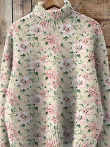 Oil Painting Peony Floral Pattern Printed Knit Turtleneck Pullover Sweater